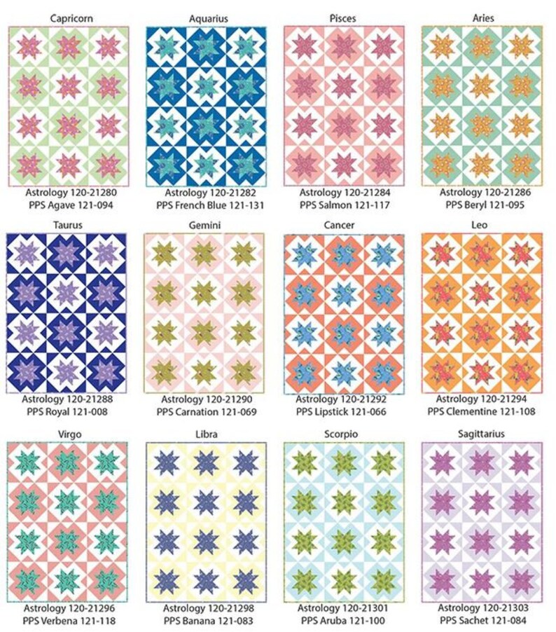 May include: A colorful chart showing the 12 signs of the zodiac with their corresponding astrological symbols and color palettes. Each sign is represented by a square with a repeating pattern of stars and a different color scheme. The chart includes the names of each sign and the corresponding color names.