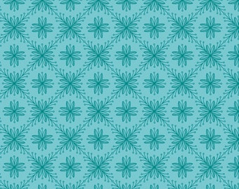 May include: A teal blue background with a repeating pattern of stylised teal green flowers. The flowers have a simple design with four petals and a small circle in the centre.