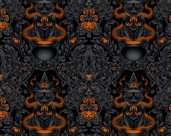 Free Spirit~Storybook Halloween~Cat Damask~Black~Cotton Fabric by the Yard or Select Length PWRH059-BLACK
