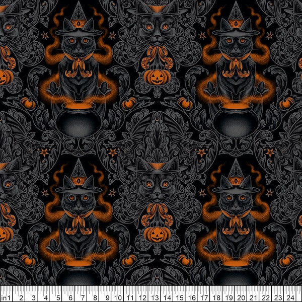 Free Spirit~Storybook Halloween~Cat Damask~Black~Cotton Fabric by the Yard or Select Length PWRH059-BLACK