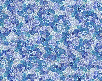 May include: An abstract pattern featuring a dense arrangement of swirling, stylized shapes in shades of blue and white. The design creates a textured, wave-like effect, suitable for fabric or wallpaper.