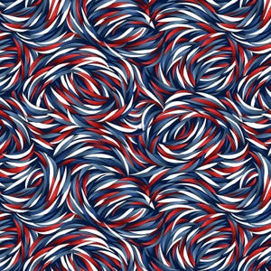 May include: A repeating textile pattern featuring swirling, crescent-shaped brushstrokes in shades of deep navy blue, bright red, and crisp white. The design creates a dynamic, layered effect with overlapping curved lines across the surface.