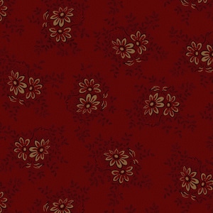 May include: A seamless pattern featuring a deep red background adorned with clusters of stylized flowers and delicate leaves. The flowers are a mix of beige and white, with small dotted details, creating a vintage floral design.