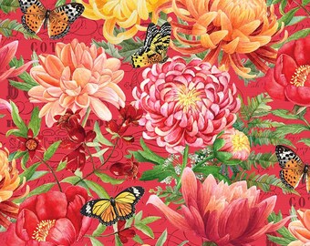 EOB~Northcott~Morning Blossom~Feature Floral~Red/Multi~Cotton Fabric by the Yard or Select Length 24917-24