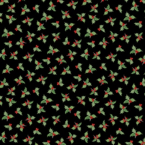 Wilmington Prints~Cardinal Cozy~Holly Toss~Black~Cotton Fabric by the Yard or Select Length 33894-973