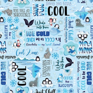 Benartex~Arctic Friends~Cool Words~Light Blue~コットン生地 1ヤードあたりまたは長さを選択 14540-53
