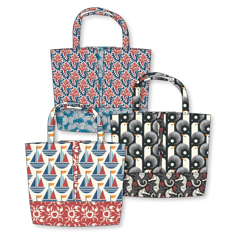 May include: Four tote bags with nautical-themed patterns. One bag features a coral reef design in red and blue. Another has a sailboat pattern with red, blue, and orange sails. The third bag has a pattern of seagulls, and the fourth has a wave pattern.