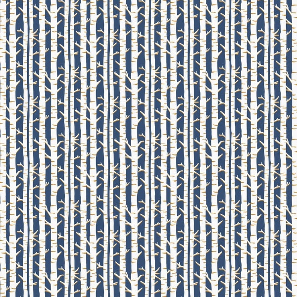 P&B Textiles~Christmas Shimmer~Birch Trees w/ Metallic Gold~Blue~Cotton Fabric by the Yard or Select Length CHSH5078-B