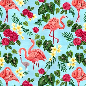 EOB~Timeless Treasures~Paradise~Flamingos and Tropical Florals~Aqua~Cotton Fabric by the Yard or Select Length CD2118-AQUA
