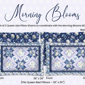 May include: Set of two Queen size pillow shams. The front of the shams feature a floral pattern in shades of blue, white, and lavender, with a geometric design. The back of the shams has a blue floral pattern. Each sham measures 36 x 26 inches.