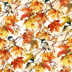 Northcott~Autumn Breeze~Birds and Leaves~Digital~Cream/Multi~Cotton Fabric by the Yard or Select Length DP28057-11