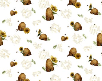 Tela de algodón blanca "Miel de abejas y flores", de Riley Blake, cortada a medida o con el largo deseado C15132-WHITE