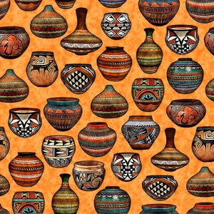 May include: A collection of colorful, hand-painted pottery in various shapes and sizes. The pottery features geometric patterns and designs in shades of brown, blue, green, and white.