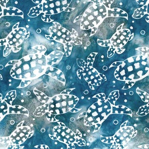 May include: A repeating pattern of white sea turtles with dotted shells on a blue and teal background. The turtles are in various positions, with some appearing to swim. Small white circles are scattered throughout the design.