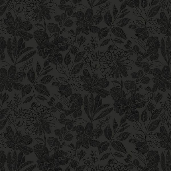 Studio E~Pen and Ink 118" Wide Backing~Floral~Dark Charcoal~Cotton Fabric by the Yard or Select Length 6912S-99