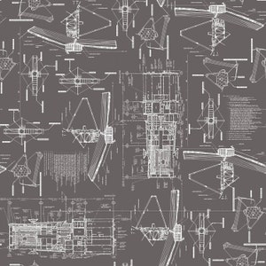 May include: A seamless pattern featuring a white and gray design of a technical drawing of a satellite. The drawing is repeated throughout the pattern.