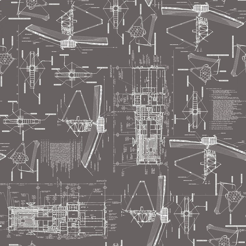 May include: A seamless pattern featuring a white and gray design of a technical drawing of a satellite. The drawing is repeated throughout the pattern.