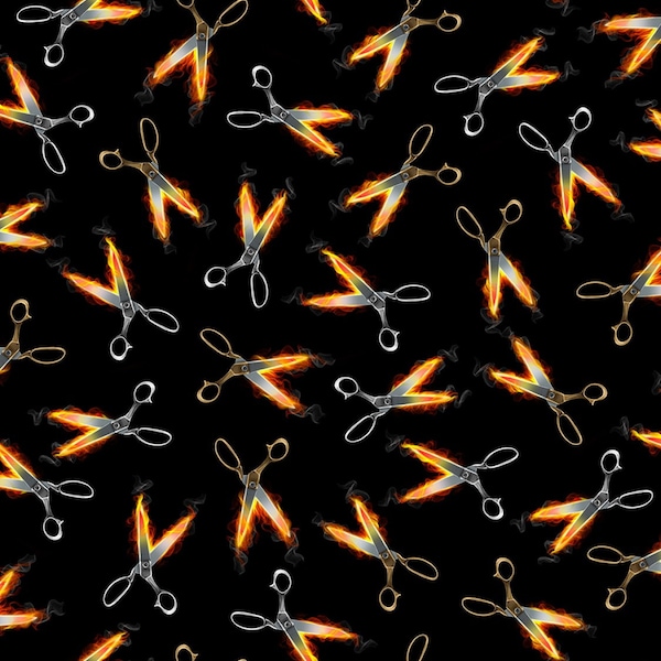 Timeless Treasures~Creative Fire~Scissors on Fire~Black~Cotton Fabric by the Yard or Select Length C8486-BLK