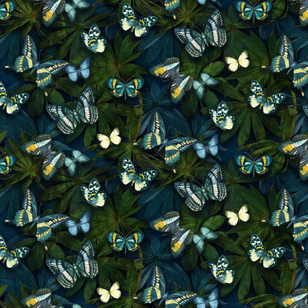 EOB~Northcott~Passion~Butterflies~Navy/Multi~Cotton Fabric cortado a medida o seleccione longitud 24494-49