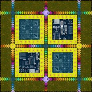 May include: A colorful, geometric quilt design featuring four central squares with detailed, dark blue imagery. The squares are framed in yellow and surrounded by a patterned border of triangles and squares in various colors, set against a green background.