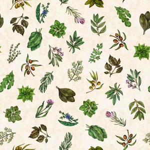 Puede incluir: Un patrón sin costuras que presenta varios tipos de hierbas y hojas verdes, incluyendo ramas de olivo, romero, tomillo y albahaca, sobre un fondo crema.