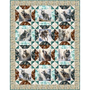 May include: A rectangular quilt featuring a repeating pattern of wolves in a forest setting. The quilt has a light beige border with a teal and brown geometric design. Each square showcases a different wolf image.