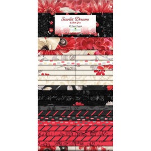 Puede incluir: Un conjunto de cuadrados de tela con estampados florales en rojo, negro y crema. La tela está etiquetada como "Scarlet Dreams" de Beth Grove e incluye 40 Karat Crystals. El diseño presenta varios estampados florales y rayas.