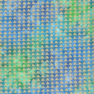 May include: A blue and green patterned fabric with a repeating pattern of gold triangles.