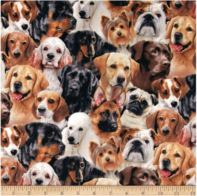 May include: A colorful fabric featuring a variety of dog breeds, including a Labrador Retriever, a German Shepherd, a Pug, a Beagle, a Dachshund, a Yorkshire Terrier, a Bulldog, and a Rottweiler.