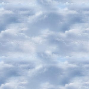 May include: A seamless pattern of a cloudy sky. The image features soft, fluffy white clouds against a pale blue background. The clouds vary in size and shape, creating a dynamic and airy composition.