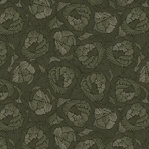 Puede incluir: Patrón repetitivo con formas florales estilizadas en verde oliva y blanco roto. El diseño utiliza líneas cortas y paralelas, creando una apariencia texturizada y cosida. El efecto general es un patrón denso y orgánico.
