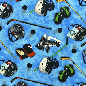 Elizabeths Studio~Sports~Hockey Toss~Blue~Cotton Fabric by the Yard or Select Length 137E-BLU