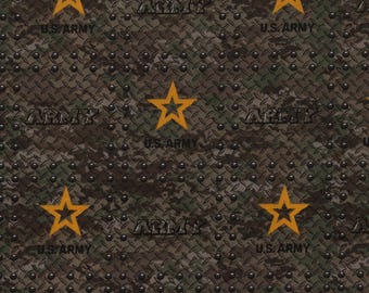 May include: A repeating pattern with a camouflage design and a diamond plate texture. The design includes gold stars and the text "U.S. ARMY" and "ARMY" in a dark metallic font, creating a military theme.