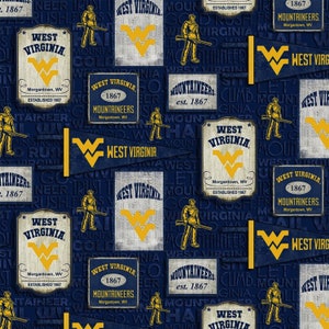 SykelEnterprises~College Cottons~West Virginia Universität Vintage Wimpelkette~Blau/Gold~Baumwollstoff Massenware WVU-1267