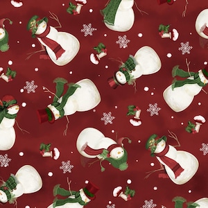 Estampados de Wilmington ~ Muñecos de nieve del bosque ~ Muñecos de nieve arrojados ~ Rojo ~ Tela de algodón cortada a medida o seleccione largo 27736-337