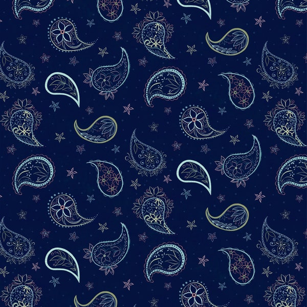 Stampe Wilmington~Blissful~Paisley Contour~Navy~Tessuto di cotone tagliato su misura o Seleziona lunghezza 27648-473