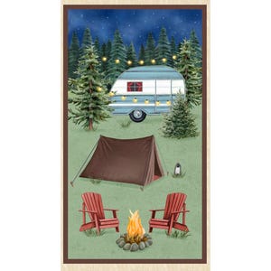 May include: A watercolor illustration of a campsite at night. A blue and white camper is lit by string lights. A brown tent, two red chairs, and a campfire are in the foreground. Pine trees and a starry sky complete the scene.