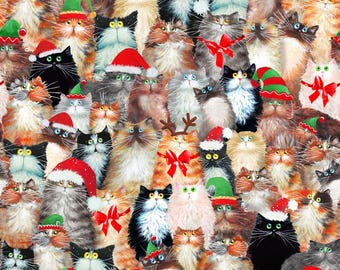 EOB~Windham Fabrics~Meowy Christmas~Cats in Hats~Multi~Cotton Fabric by the Yard or Select Length 54484-3