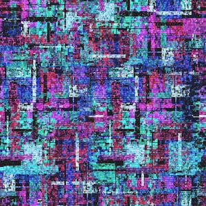 May include: Abstract digital art with a pixelated pattern in shades of blue, pink, and black.