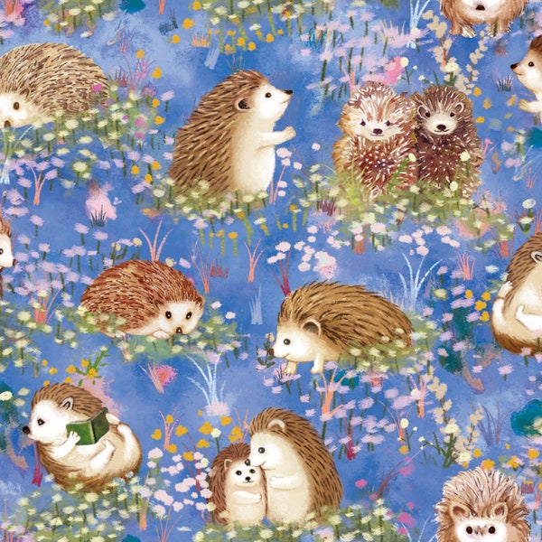 Paintbrush Studio~Hedgehog Village~Hedgehogs~Blue~Cotton Fabric by the Yard or Select Length 120-13742