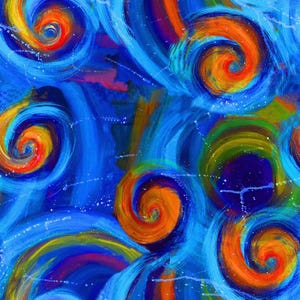 May include: An abstract painting featuring vibrant blue, orange, and yellow swirls. The composition is dominated by thick, textured brushstrokes that create circular patterns, accented by small white paint splatters across the canvas surface.