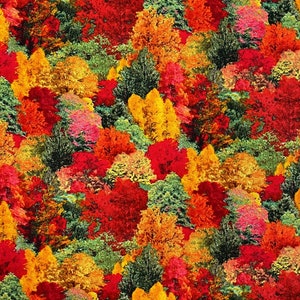 May include: A seamless pattern featuring a variety of trees with autumn foliage in shades of red, orange, yellow, and green.