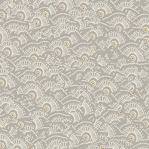 以下が含まれることがあります： グレーの背景に白とオレンジの抽象的な形が描かれたシームレスなパターン。形は曲線と円から構成されています。