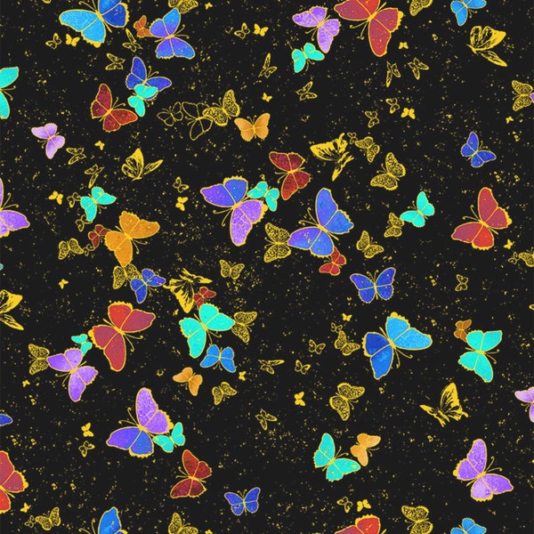 Timeless Treasures~Wings of Gold~Tossed Butterflies w/ Metallic Gold~Black~Cotton Fabric by the Yard or Select Length CD2603-BLACK