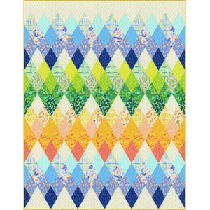 May include: A colourful quilt with a diamond pattern. The quilt is made up of different shades of blue, green, yellow, and orange.