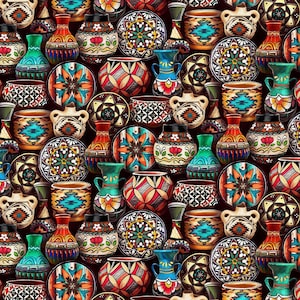 Puede incluir: Un patrón repetido de varios recipientes y platos de cerámica. La cerámica presenta colores vibrantes que incluyen rojo, turquesa, verde y naranja. Los diseños incluyen patrones geométricos y motivos florales, creando una estética del suroeste o nativa americana.