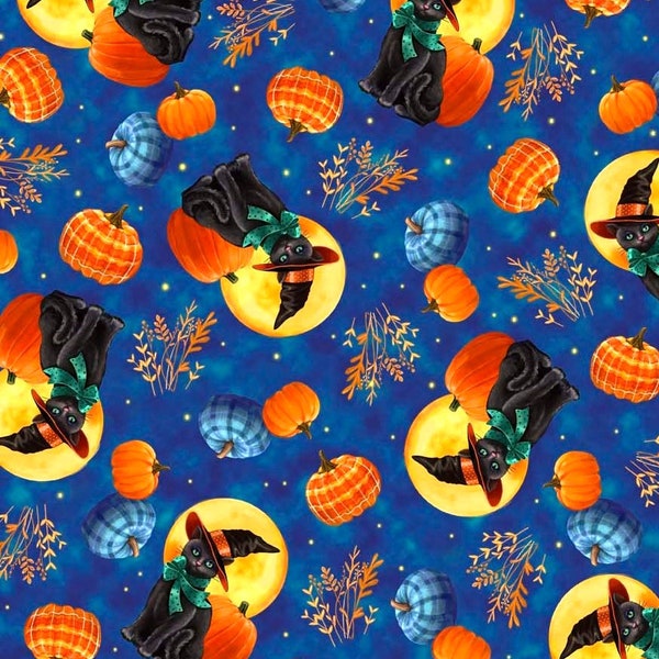 EOB~Quilting Treasures~Abra Cat Dabra~Cat and Pumpkin Toss~Digital~Royal~Cotton Fabric by the Yard or Select Length 29666-W