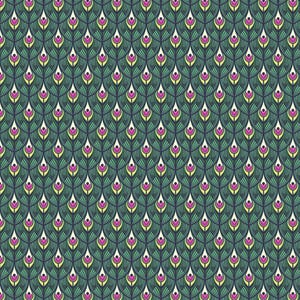 May include: A repeating pattern featuring a peacock feather design. The pattern is composed of teal, dark blue, yellow, white, and magenta teardrop shapes, creating a textured, symmetrical design. The overall effect is a stylized, decorative pattern.