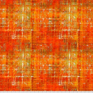 Puede incluir: Impresión digital abstracta con un esquema de color rojo, naranja y amarillo. La impresión presenta un patrón de cuadrícula con texto descolorido y un aspecto texturizado y desgastado.