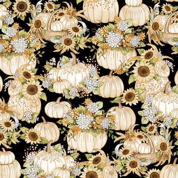 Henry Glass~Autumn Elegance~Pumpkins w/ Metallic Copper~Black~Cotton Fabric by the Yard or Select Length 730M-99